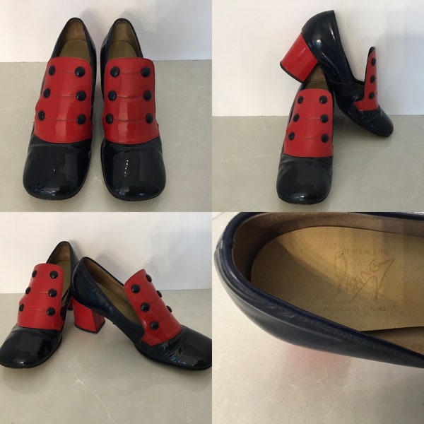 1960’s Pagano colorblock shoes, patent leather 60’s MOD shoes, Carnaby Street, Twiggy era shoes, red and blue patent leather tongue shoes