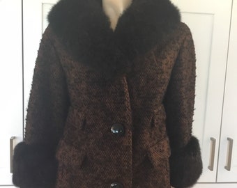 1960’s Harbrooke jacket/coat with faux fur collar & cuffs, midcentury coat brown and black with faux fur trim, ladies vintage coat, dressy