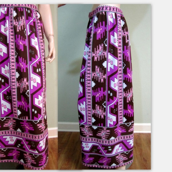 Vintage 1970s Skirt Maxi, Purple Mirror print Aztec pattern/ Bohemian Peasant hippie maxi skirt