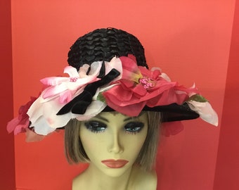 Floral Audrey style hat with flowers, midcentury garden party, derby summer hat, 1960’s black cello hat with large flowers, wide brimmed hat