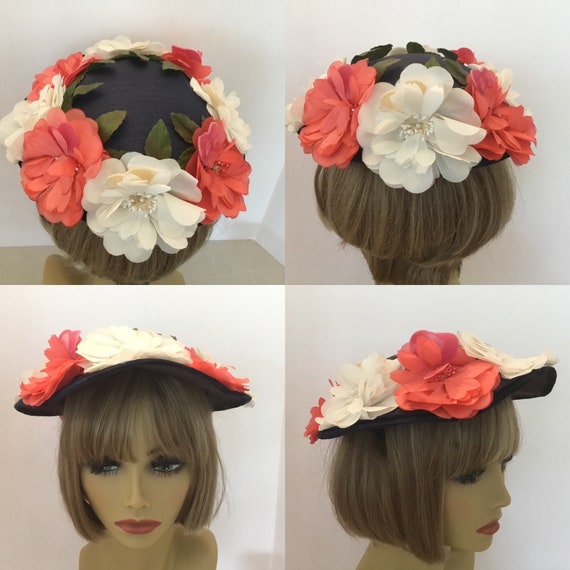 1950-60’s summer hat, navy blue floral hat, ladie… - image 1