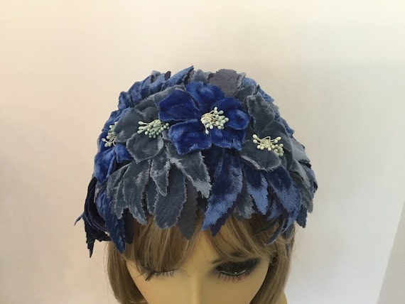 1950-60s floral headband, blue flowered headpiece… - image 2