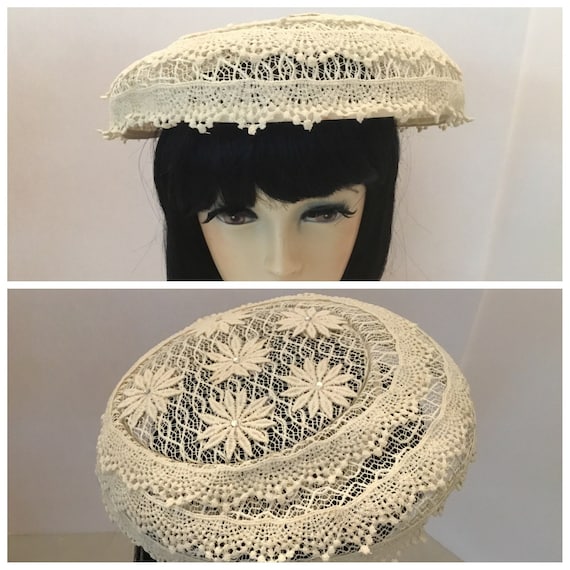 50-60s lampshade hat, ivory midcentury hat,unique… - image 1