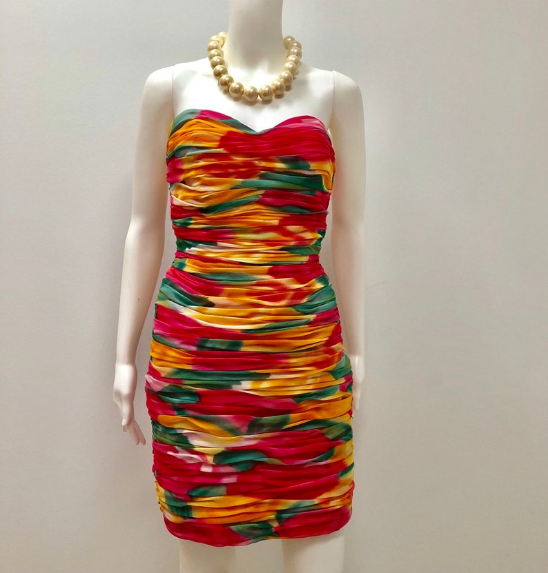 1980s VICTOR COSTA dress, colorful Victor Costa dress,Victor Costa Nan Duskin dress, 80s clothing, fancy dress, Ruched short prom dress, image 2