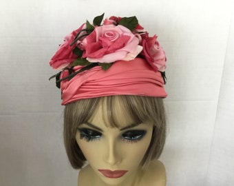 Norman Durand hat, 50-60’s floral hat, designer Norman Durand summer hat, pinks and raspberry floral hat, midcentury hat,  60s hats