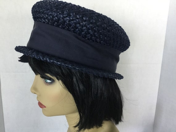 1960’s Navy Blue summer hat, midcentury hat, stra… - image 6