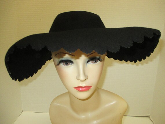 1960s ladies Black Hat, Midcentury hat, wide brim… - image 5