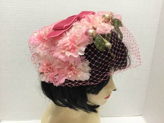 1960s Pink Floral hat, Midcentury hat, 60’s pink … - image 1
