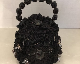 Mary Frances handbag, black floral with beads novelty handbag, Vintage Mary Frances purse, unique black evening handbag, ladies handbags