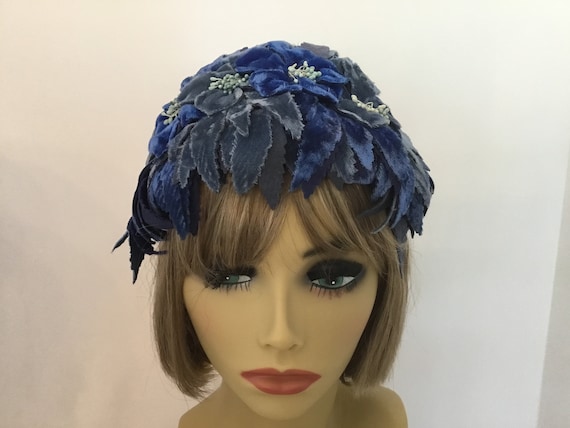 1950-60s floral headband, blue flowered headpiece… - image 1