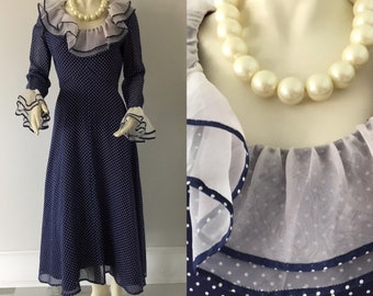 1960- 1970’s  Blue & White Polka Dot dress, Garden Party summer dress, Polka Dot dress  midcentury dress, 70’s dress, Boho ,Rockabilly dress