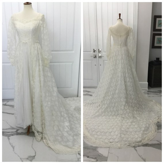 Vintage wedding dress, lace wedding gown, long tra