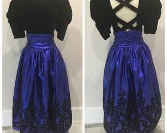 1980’s prom, homecoming, dress, ScottMcClintock size 4 black velvet, blue lame beautiful 80’s gown, 1980s dresses, 80s party dresses, 1980s