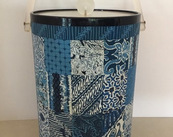 MCM Georges Briard Ice Bucket, Extra tall Navy Blue with Patchwork design, Georges Briard Barware, USA, 1970s’ ice buckets,