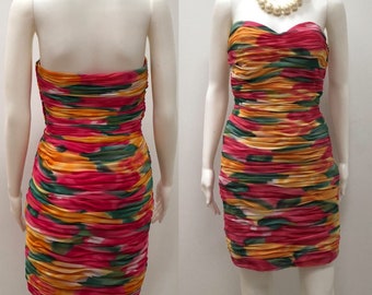 1980’s VICTOR COSTA dress, colorful Victor Costa dress,Victor Costa Nan Duskin dress, 80s clothing, fancy dress, Ruched short prom dress,