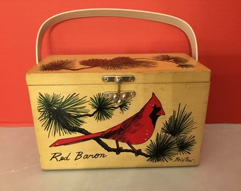 60’s  Enid Collins of Texas Red Baron Vintage 1960s Wooden Box Purse with Cardinal Bird by Bill Bristow, Enid Collins Red Baron Box purse