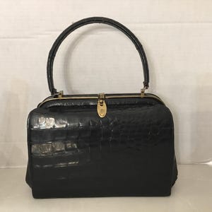 Bolso de mano Bellestone de piel de cocodrilo de los años 50, bolso de mano Kelly negro, bolso de mano de reptil de mediados de siglo, bolso de mano de piel de cocodrilo negro