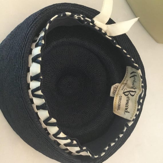Herbert Bernard Original hat, 1960’s designer hat, Navy blue and white 1960’s hat, midcentury sailor style designer hat View 6
