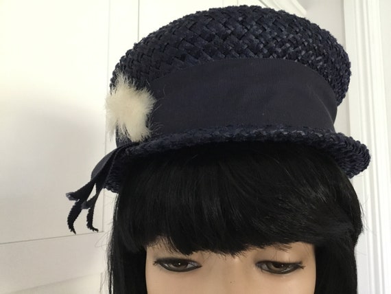 1960’s Navy Blue summer hat, midcentury hat, stra… - image 3