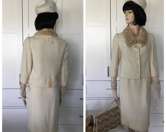 1960’s skirt suit, vintage 60s ladies upscale suit, suit, off white winter suit, Midcentury mink trimmed ladies suit, NOS, 60’s fashion, 60s