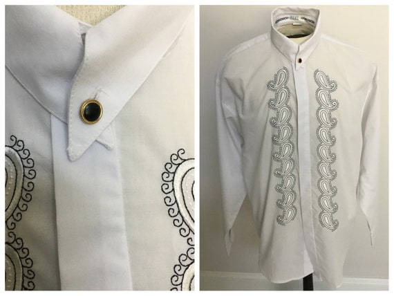 Men’s dress shirt, tuxedo shirt with embroidered paisleys, white and black tuxedo shirt, men’s formalwear, after five attire, gift for him