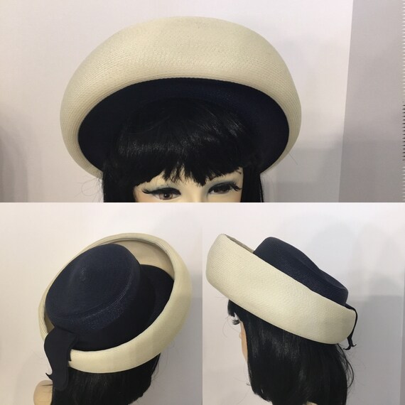 Midcentury hat, navy blue and white Breton style 1950-60’s hat, ladies 60s hat, Breton hat, B. Altman & Co. hat