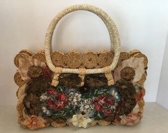 1950-60’s Straw handbag,  1950’s straw handbag, 1960’s Unique beaded  handbag, straw midcentury summer handbags, Eccentric island handbag