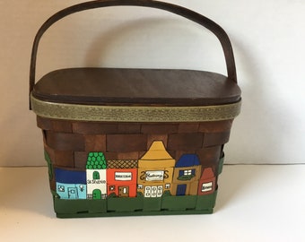 Handpainted wooden basket handbag with French theme, whimsy handbag, Caro-Nan style handbag, kitchy handbag, midcentury handbags