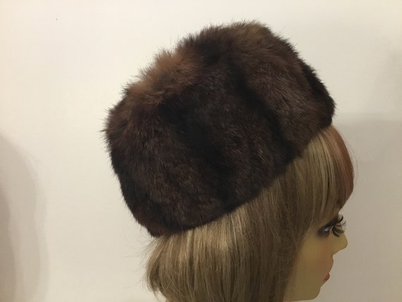 Mink hat, pillbox mink hat, dark brown with black… - image 3