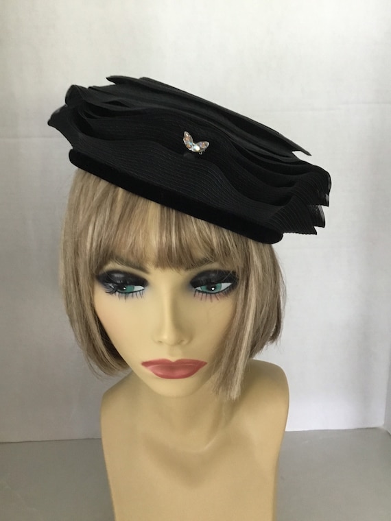 Midcentury hat. Black vintage hat, black cocktail 