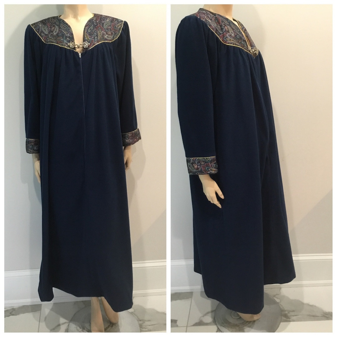 1980-90’s Fleece Night Robe, Navy Blue With Paisleys Ladies Bathrobe ...