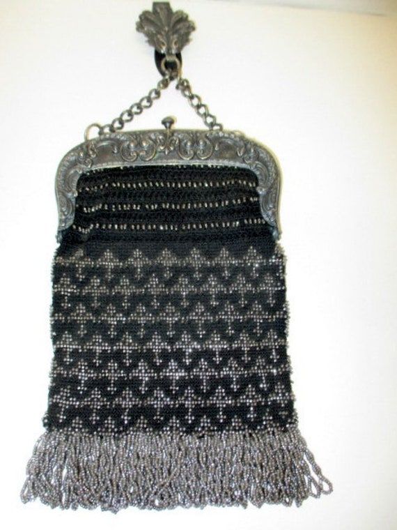 Victorian Chatelaine Purse, Steel micro beaded pur