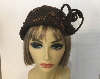 1930-40’s brown wool beaded hat, Created by Park Royal New York hat, ladies dark brown hat,