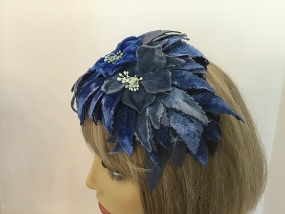 1950-60s floral headband, blue flowered headpiece… - image 4