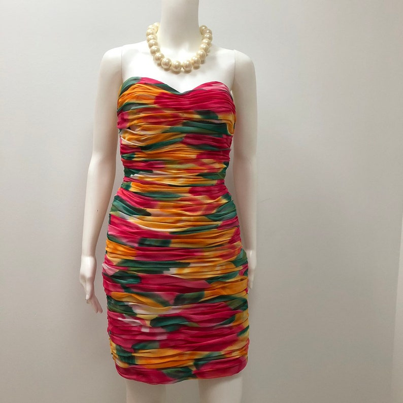 1980s VICTOR COSTA dress, colorful Victor Costa dress,Victor Costa Nan Duskin dress, 80s clothing, fancy dress, Ruched short prom dress, image 7