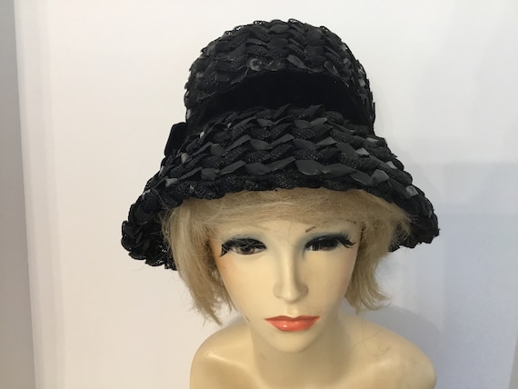1960’s black bucket hat, cello midcentury hat, La… - image 1