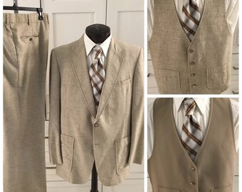 Big Men’s 3 piece suit with reversible vest, 1970-80’s mens suit, beige mens 3 piece suit, reversible vest suit, business suit, 1970s suits