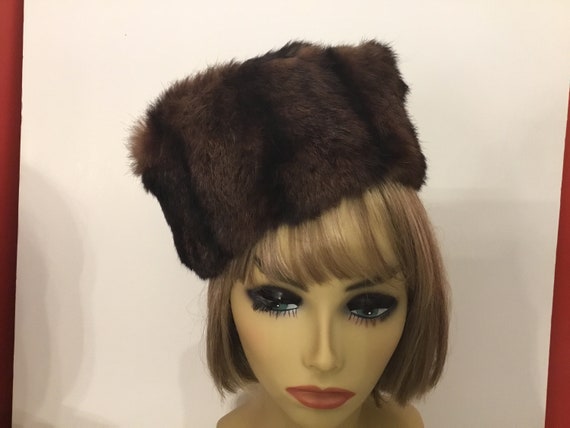 Mink hat, pillbox mink hat, dark brown with black… - image 1