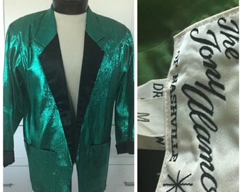 RARE! Tony Alamo of Nashville Jacket, 1980’s Tony Alamo Emerald green metallic lame tuxedo jacket, performance jacket, 1980s formal jacket