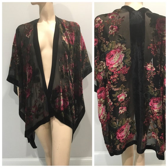 Kimono style duster, burnout floral pattern duster