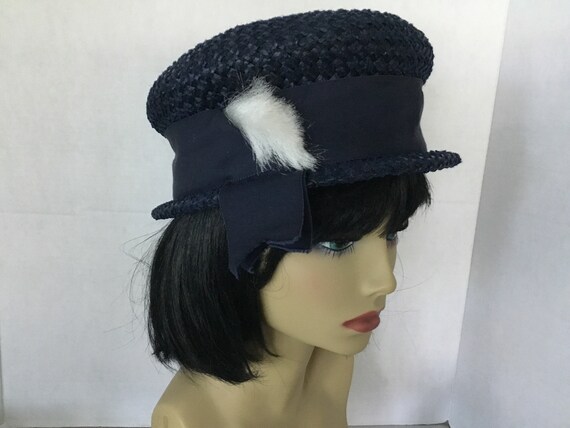 1960’s Navy Blue summer hat, midcentury hat, stra… - image 10