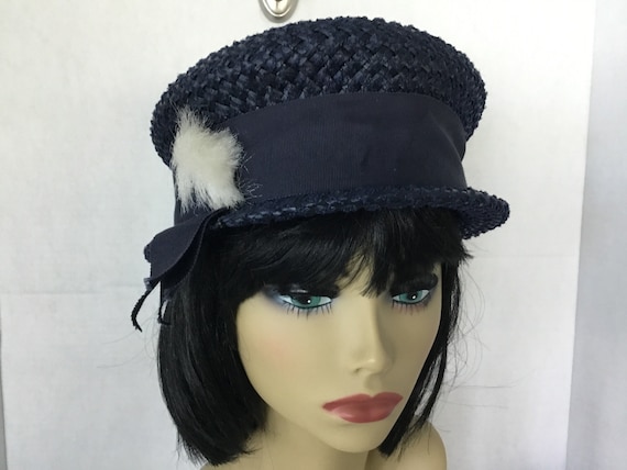 1960’s Navy Blue summer hat, midcentury hat, stra… - image 1