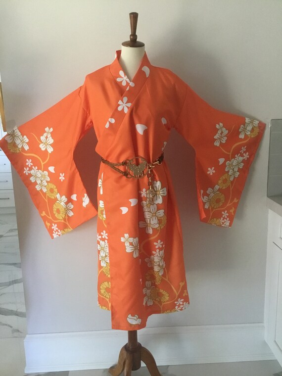 Japanese Kimono, orange and white kimono, ladies o