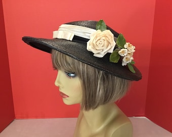 1940-50’s black hat, black sinamay platter hat, black hat with flowers, ladies 1940s black church hat, black summer 1950s hat, ladies hats