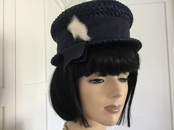 1960’s Navy Blue summer hat, midcentury hat, stra… - image 2