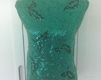 1960’s beaded top, green sequin sleeveless tops Jo-Rp Imports, Miami 1960’s evening top