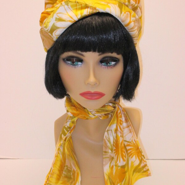 RESERVED! 1960s hat and scarf, Mad Men hat, Mod hat,  Yellow hat, Floral hat, Turban shaped hat