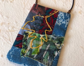 Textile pendant, mixed media pendant, fabric necklace, wearable art, hand stitched, upcycled amulet, wearable art pouch, handmade