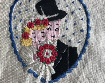 Vintage Tea Towel Hand Embroidered Bride & Groom