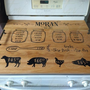May include: A wooden stovetop tray with a personalized inscription "MORAN EST. 2013" and measurements for liquids in ounces, cups, pints, and quarts. The tray also includes a spoon, a depiction of herbs, and images of a cow, pig, chicken, and fish with corresponding temperatures.